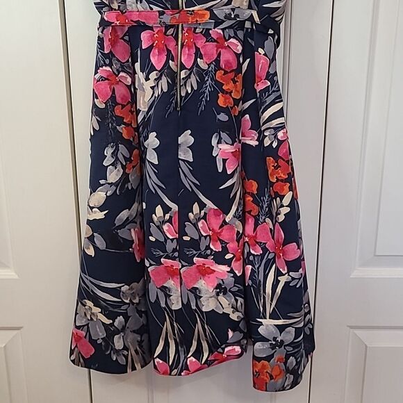 Eliza J Fit & Flare Floral Belted Dress Blue Pink Side Pockets Size 14 - Picture 12 of 16